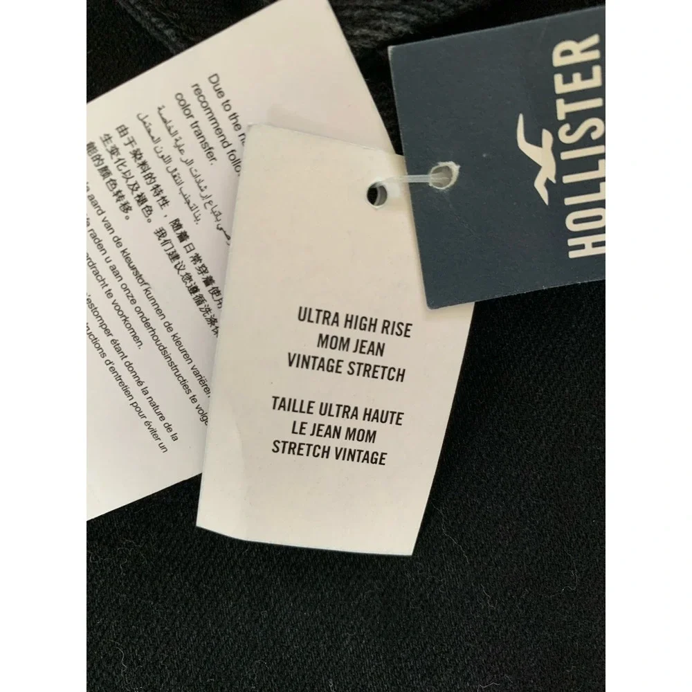 Hollister Ultra High-Rise‎ Mom Jeans Sz 27S Dark Wash Raw Hem Denim Black 5s/4s
